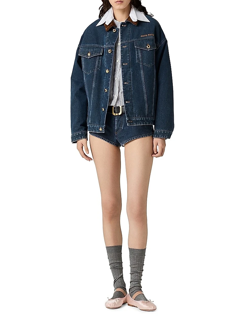 Flocked Denim and Velvet Blouson Jacket