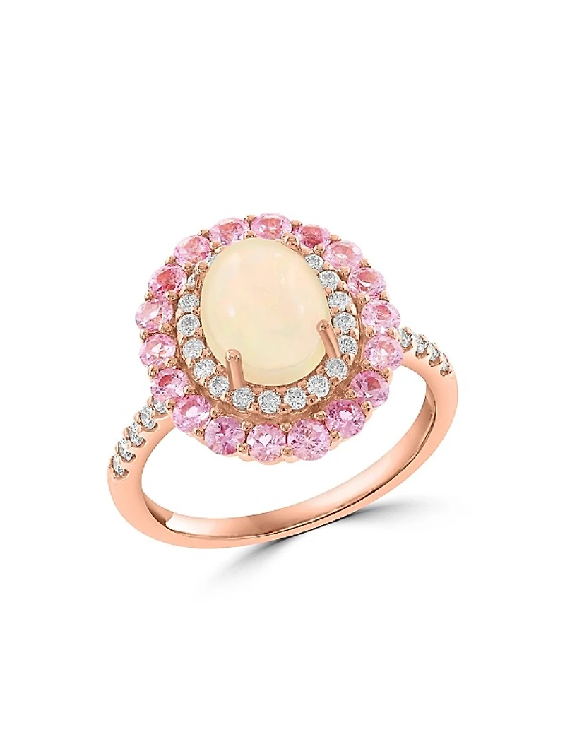 14K Rose Gold Ethiopian Opal, 0.32 TCW Diamond & Sapphire Halo Ring