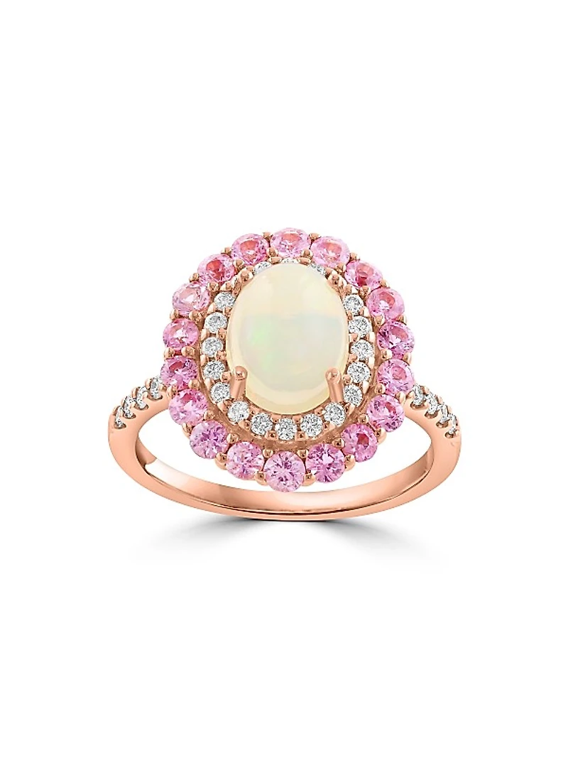 14K Rose Gold Ethiopian Opal, 0.32 TCW Diamond & Sapphire Halo Ring