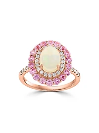14K Rose Gold Ethiopian Opal, 0.32 TCW Diamond & Sapphire Halo Ring