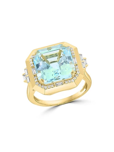 14K Yellow Gold, Sky Blue Topaz & 0.31 TCW Diamond Halo Ring