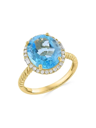 14K Yellow Gold, Blue Topaz & 0.24 TCW Diamond Halo Ring