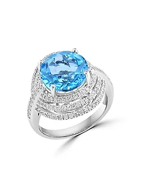 14K White Gold, Blue Topaz & 0.65 TCW Diamond Ring