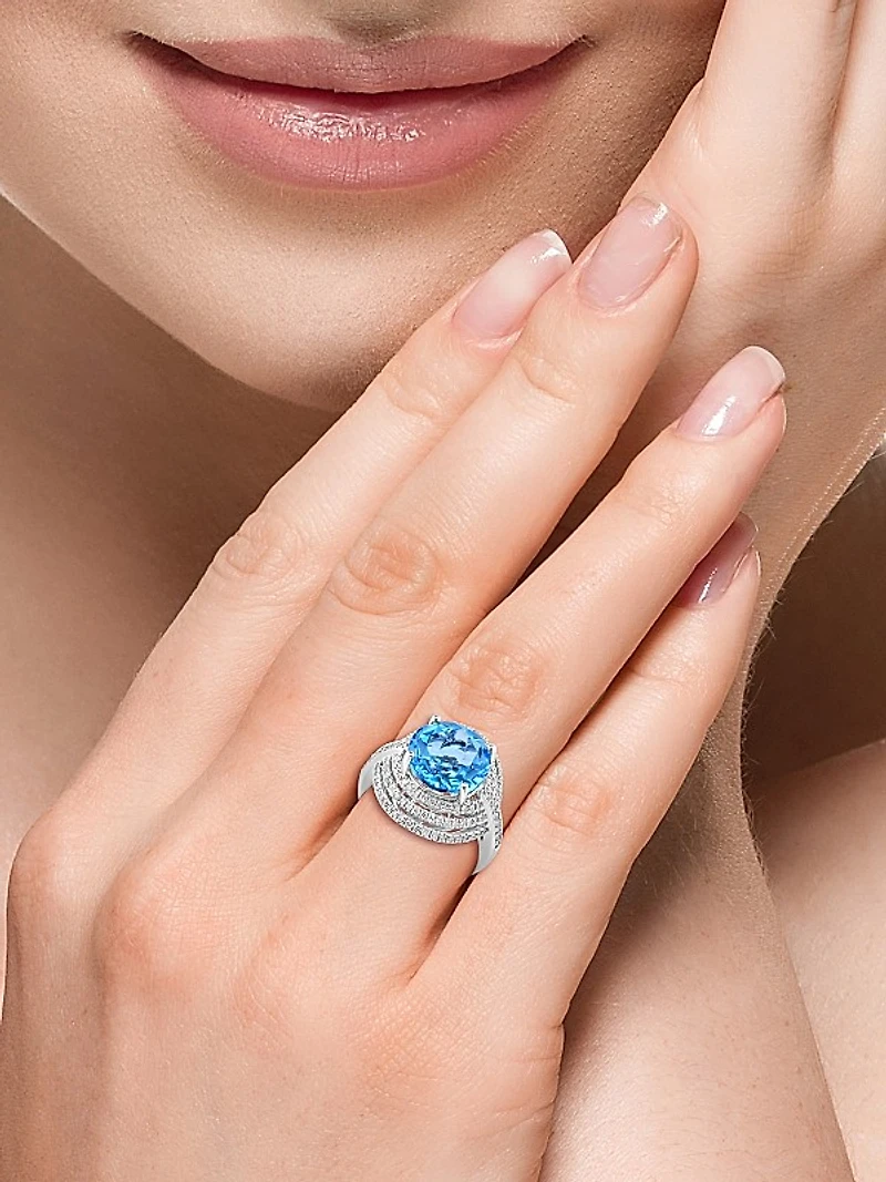 14K White Gold, Blue Topaz & 0.65 TCW Diamond Ring
