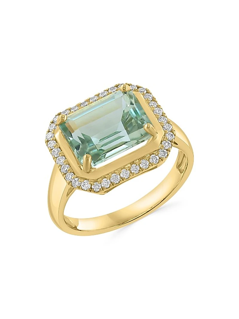14K Yellow Gold, Green Amethyst & 0.25 TCW Diamond Halo Ring