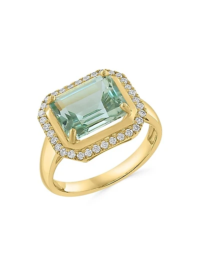 14K Yellow Gold, Green Amethyst & 0.25 TCW Diamond Halo Ring