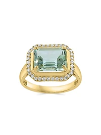 14K Yellow Gold, Green Amethyst & 0.25 TCW Diamond Halo Ring