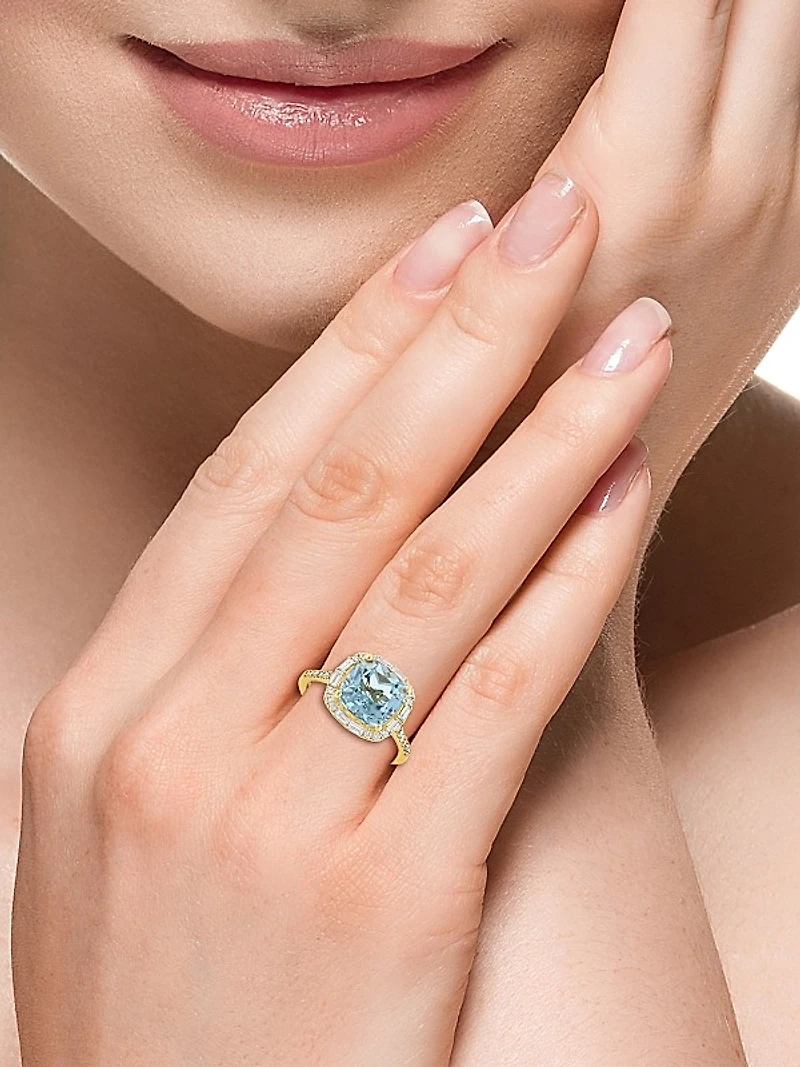 14K Yellow Gold, Blue Topaz & 0.39 TCW Diamond Halo Ring
