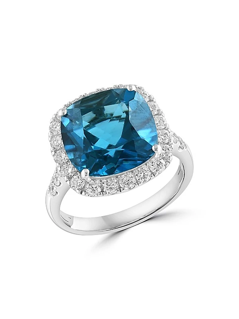 14K White Gold, London Blue Topaz & 0.75 TCW Diamond Halo Ring