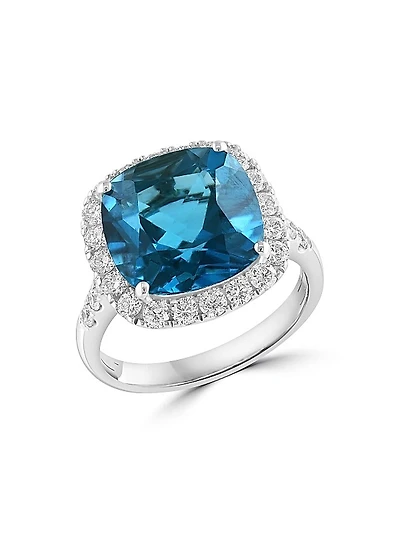 14K White Gold, London Blue Topaz & 0.75 TCW Diamond Halo Ring