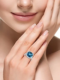 14K White Gold, London Blue Topaz & 0.75 TCW Diamond Halo Ring
