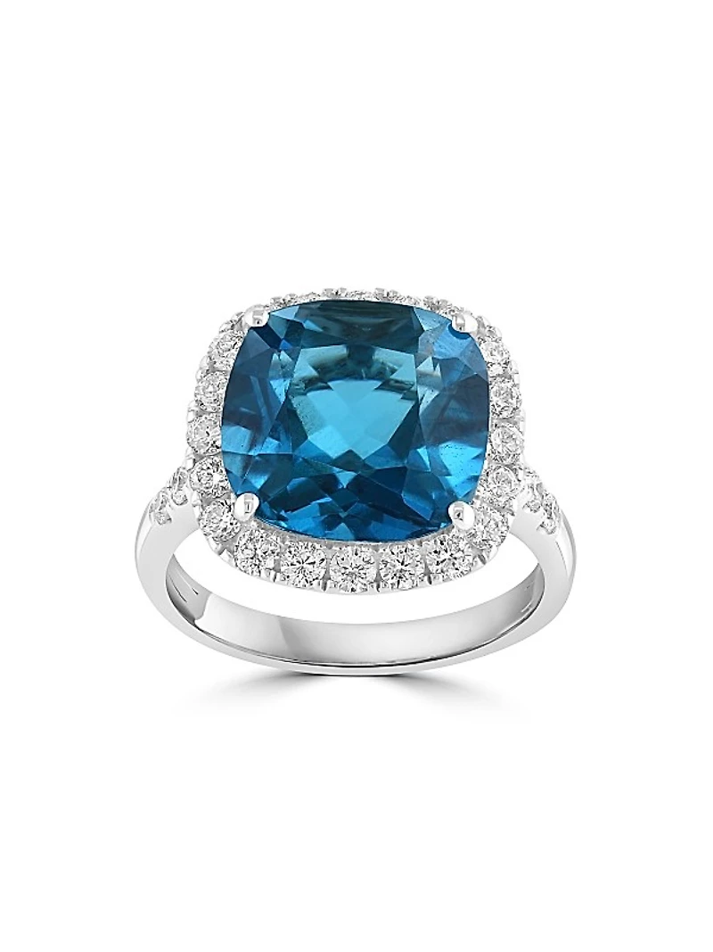 14K White Gold, London Blue Topaz & 0.75 TCW Diamond Halo Ring