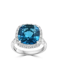 14K White Gold, London Blue Topaz & 0.75 TCW Diamond Halo Ring