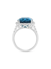 14K White Gold, London Blue Topaz & 0.75 TCW Diamond Halo Ring