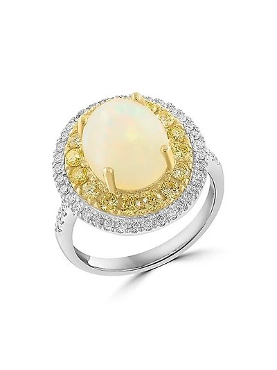 Two-Tone 14K Gold, Ethiopian Opal & 0.95 TCW Diamond Halo Ring