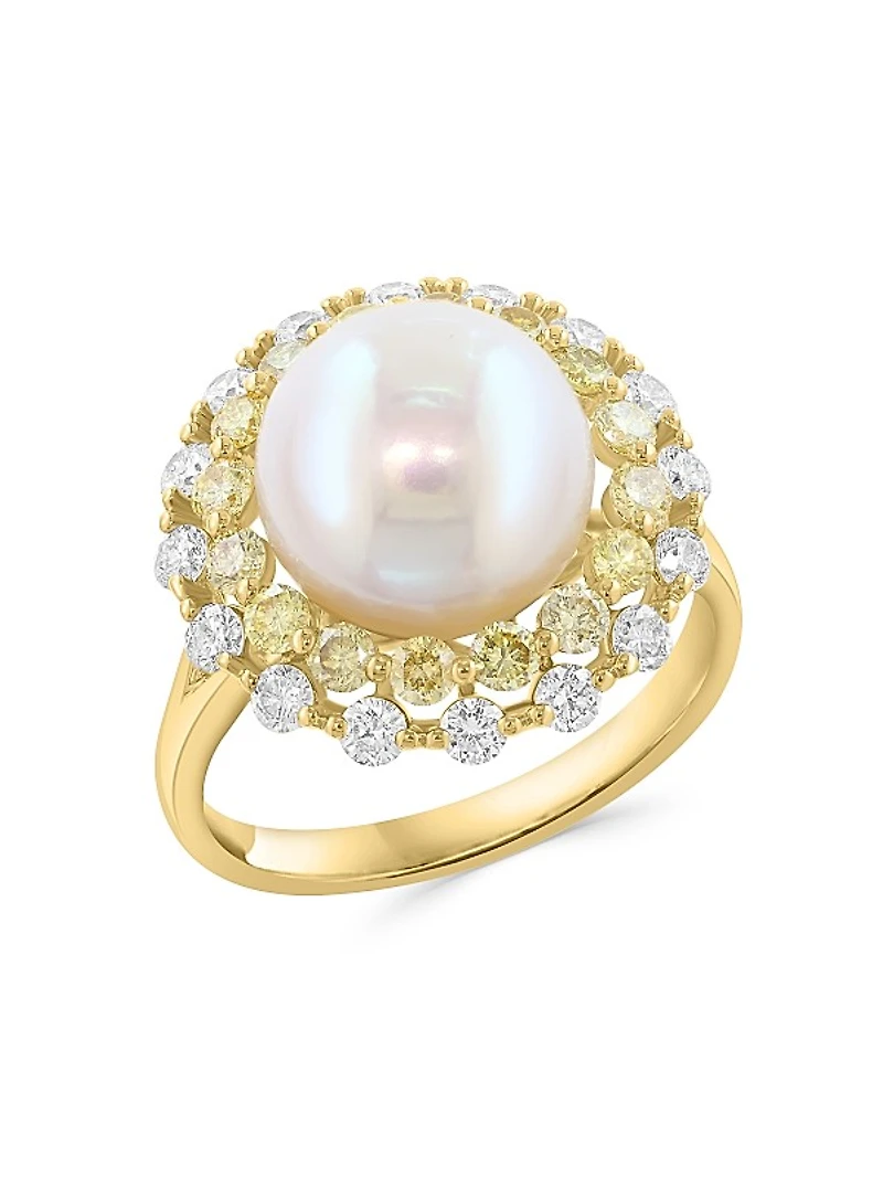 14K Yellow Gold, Freshwater Pearl & 1.29 TCW Diamond Halo Ring