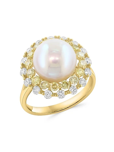 14K Yellow Gold, Freshwater Pearl & 1.29 TCW Diamond Halo Ring