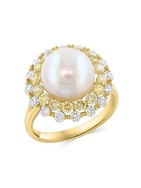 14K Yellow Gold, Freshwater Pearl & 1.29 TCW Diamond Halo Ring