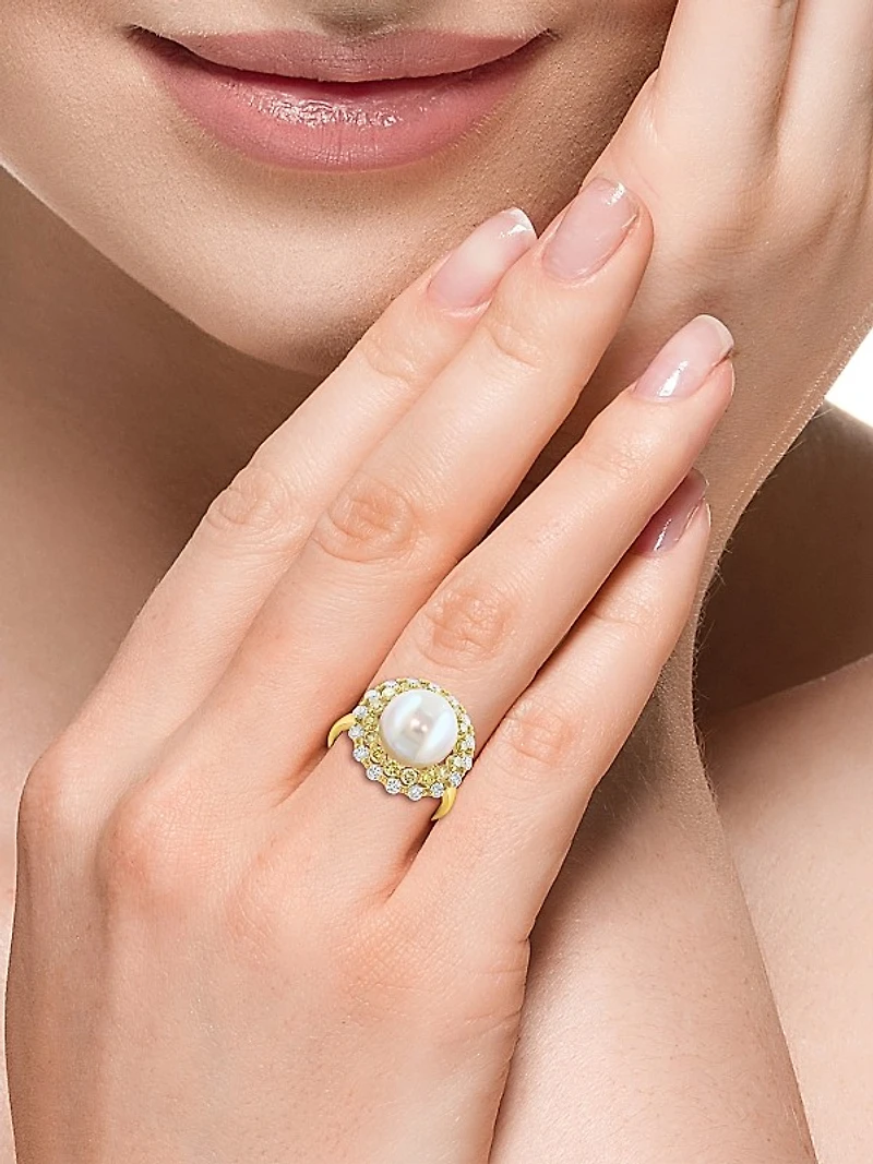 14K Yellow Gold, Freshwater Pearl & 1.29 TCW Diamond Halo Ring