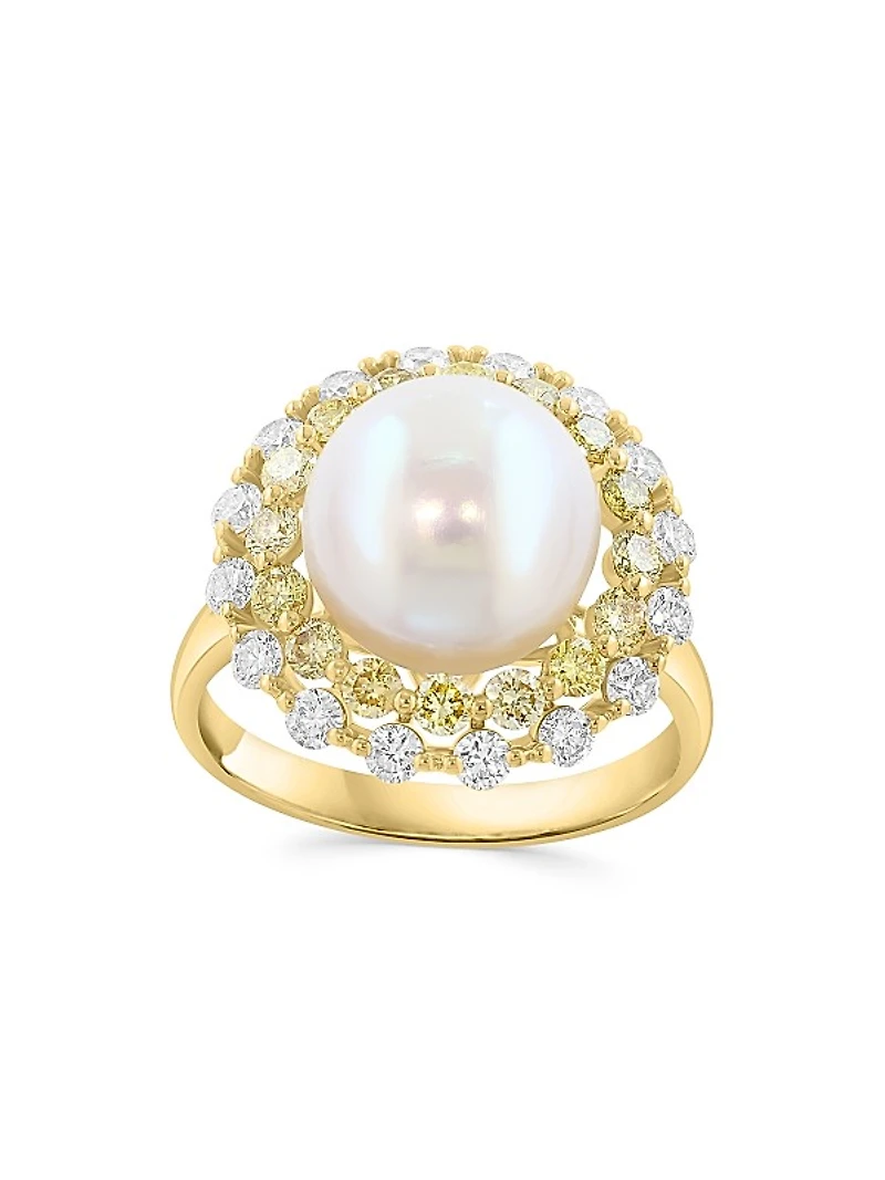 14K Yellow Gold, Freshwater Pearl & 1.29 TCW Diamond Halo Ring