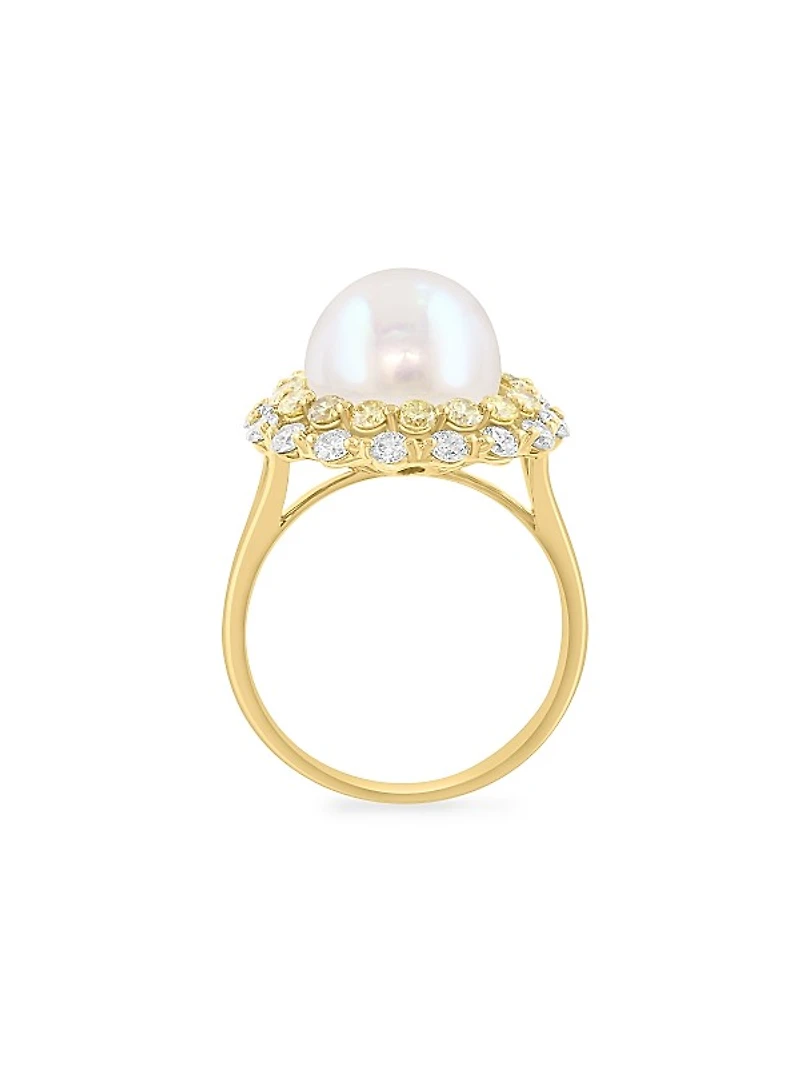 14K Yellow Gold, Freshwater Pearl & 1.29 TCW Diamond Halo Ring