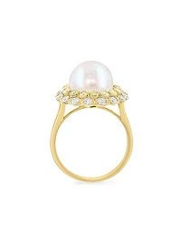 14K Yellow Gold, Freshwater Pearl & 1.29 TCW Diamond Halo Ring