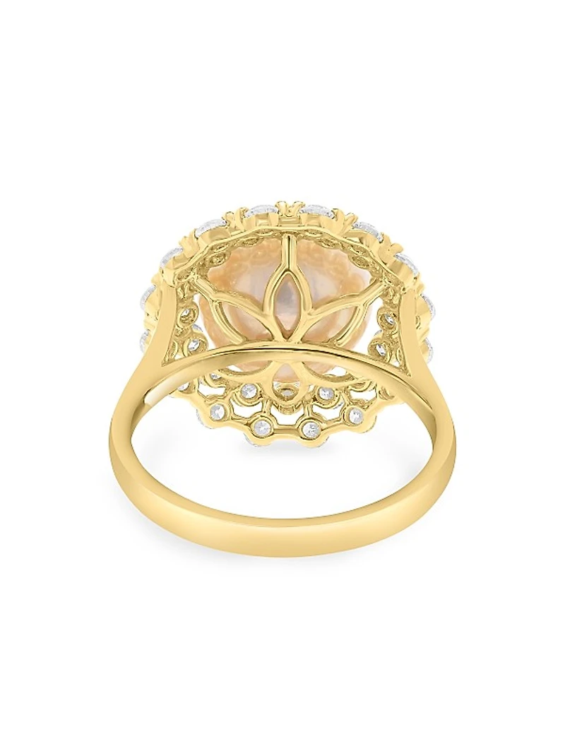 14K Yellow Gold, Freshwater Pearl & 1.29 TCW Diamond Halo Ring