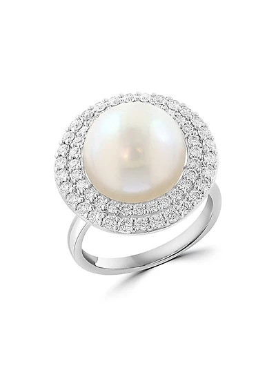 14K White Gold, Freshwater Pearl & 0.86 TCW Diamond Halo Ring