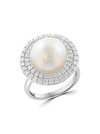 14K White Gold, Freshwater Pearl & 0.86 TCW Diamond Halo Ring