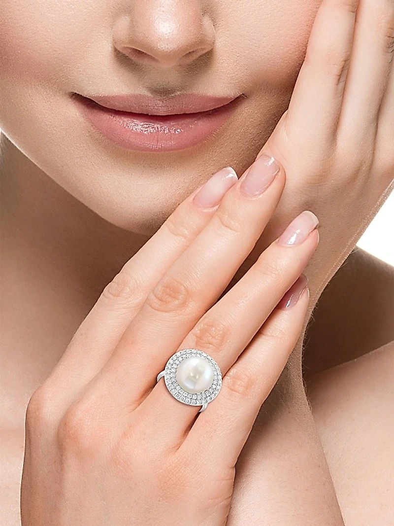 14K White Gold, Freshwater Pearl & 0.86 TCW Diamond Halo Ring