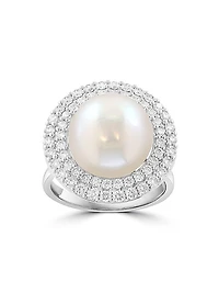14K White Gold, Freshwater Pearl & 0.86 TCW Diamond Halo Ring