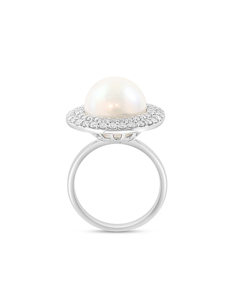 14K White Gold, Freshwater Pearl & 0.86 TCW Diamond Halo Ring