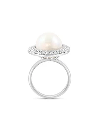 14K White Gold, Freshwater Pearl & 0.86 TCW Diamond Halo Ring