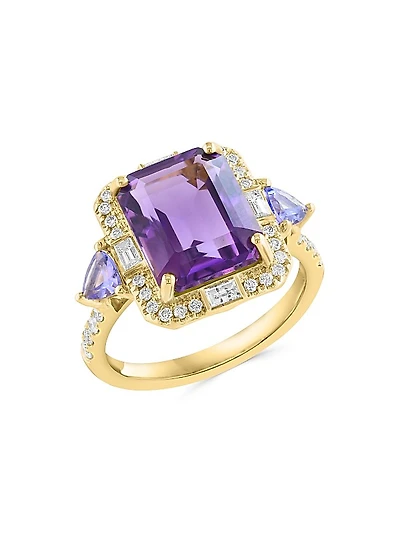 14K Yellow Gold & Multi-Gemstone Halo Ring