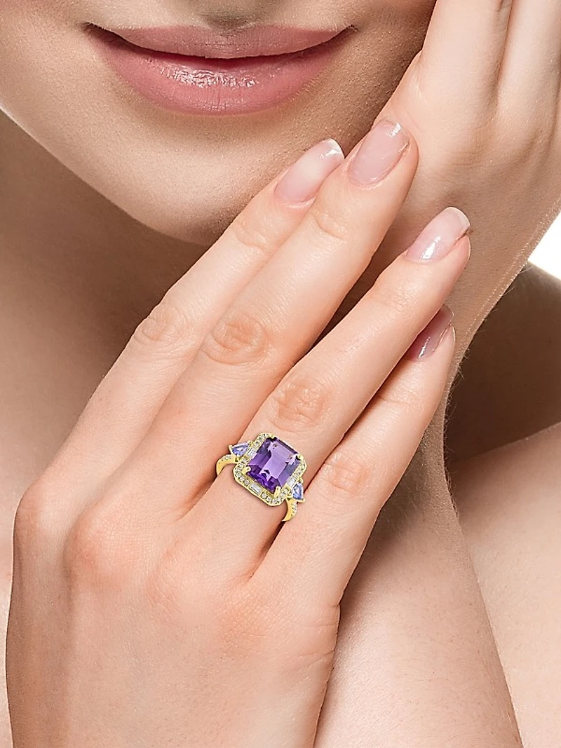 14K Yellow Gold & Multi-Gemstone Halo Ring