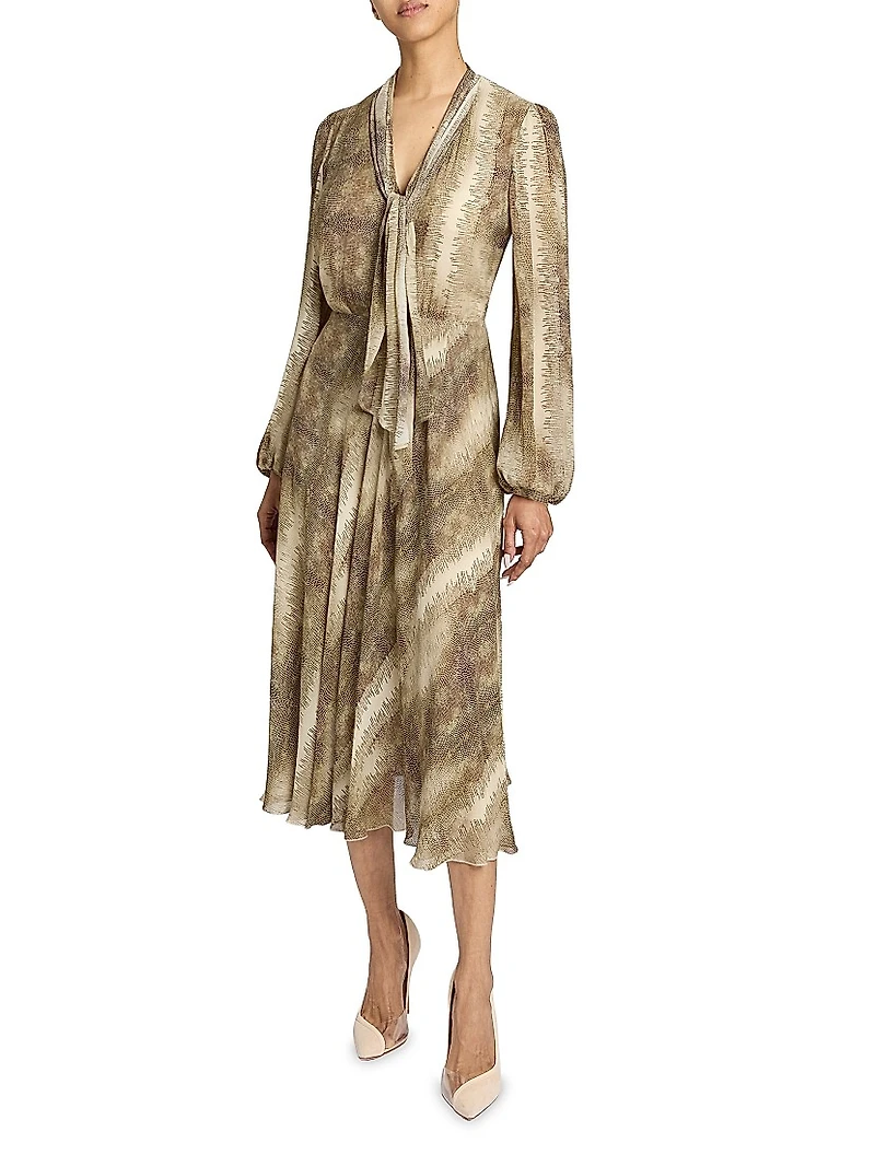 Jenn Printed Tie-Neck Midi-Dress