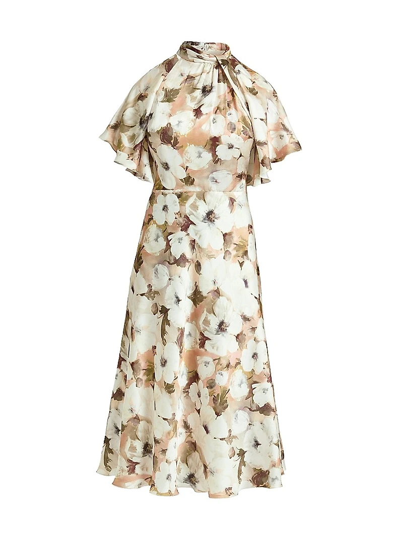 Floral Georgette Cape-Sleeve Midi-Dress