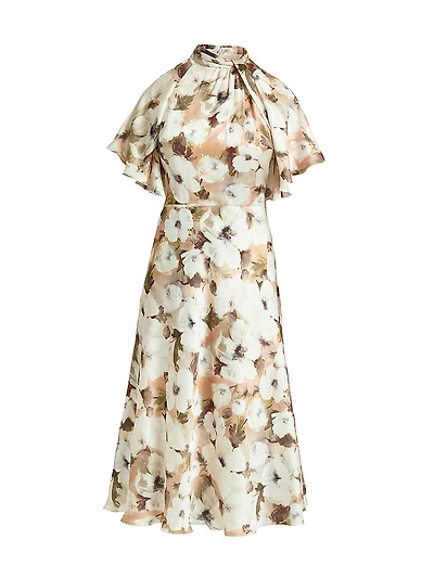 Floral Georgette Cape-Sleeve Midi-Dress