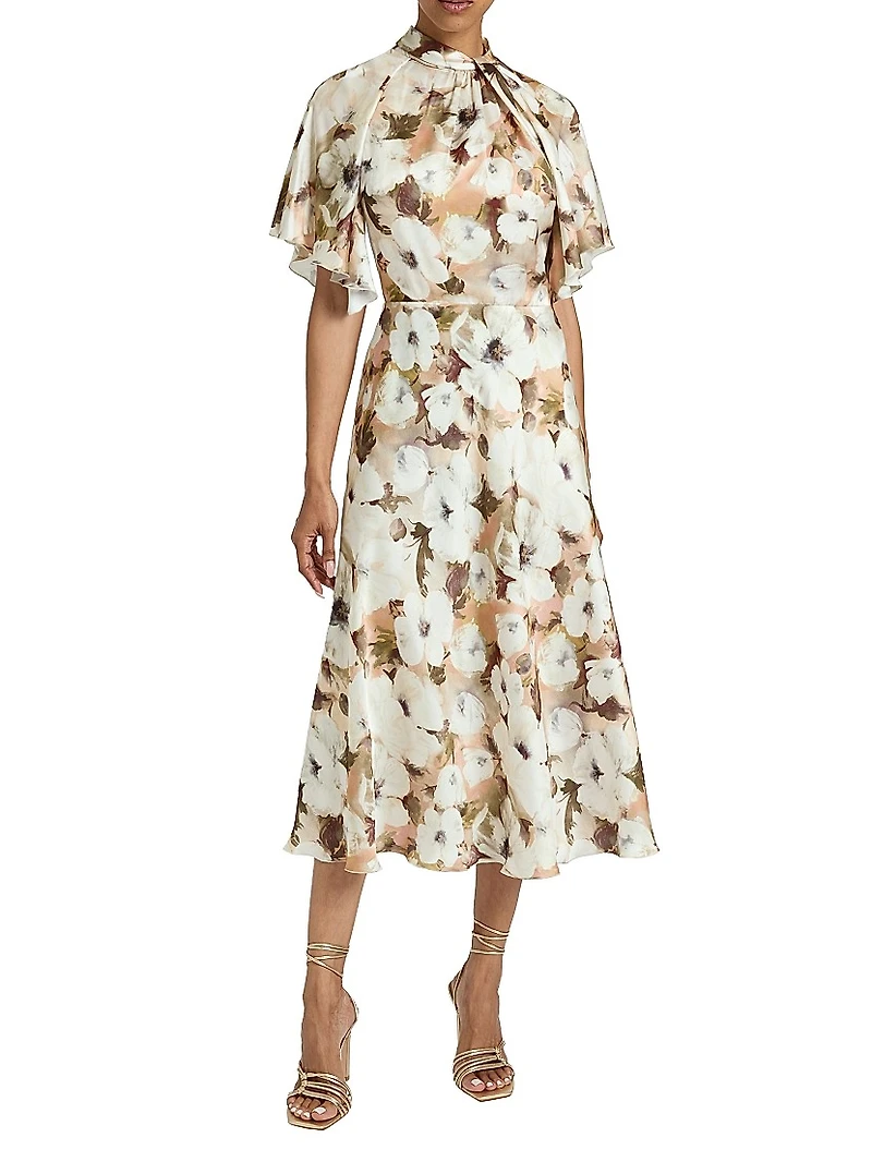 Floral Georgette Cape-Sleeve Midi-Dress