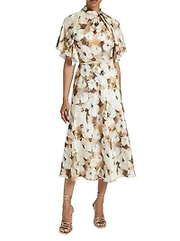 Floral Georgette Cape-Sleeve Midi-Dress