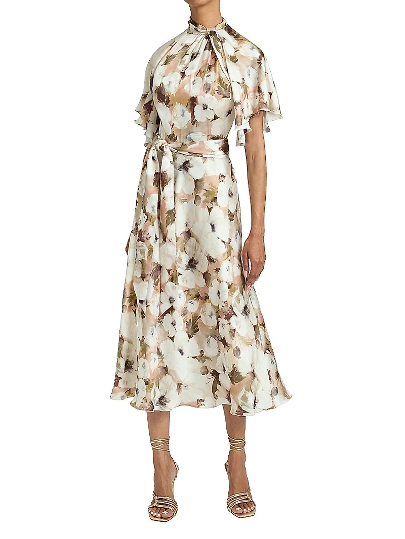 Floral Georgette Cape-Sleeve Midi-Dress