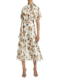 Floral Georgette Cape-Sleeve Midi-Dress