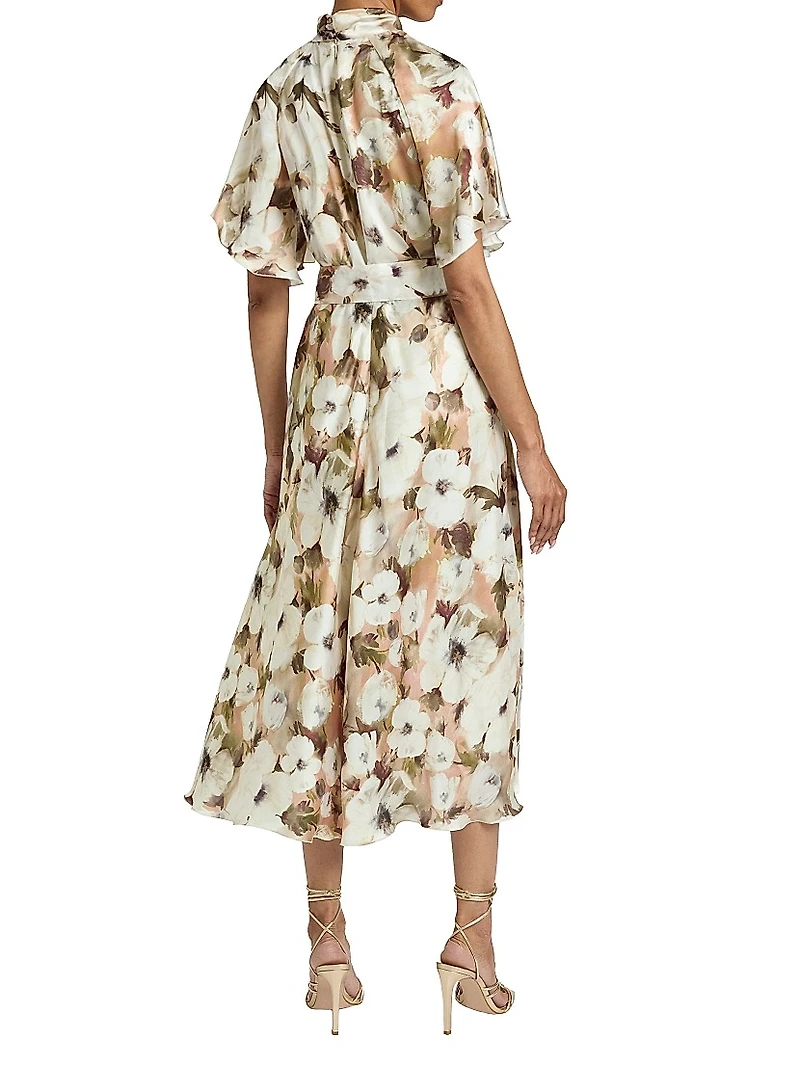 Floral Georgette Cape-Sleeve Midi-Dress