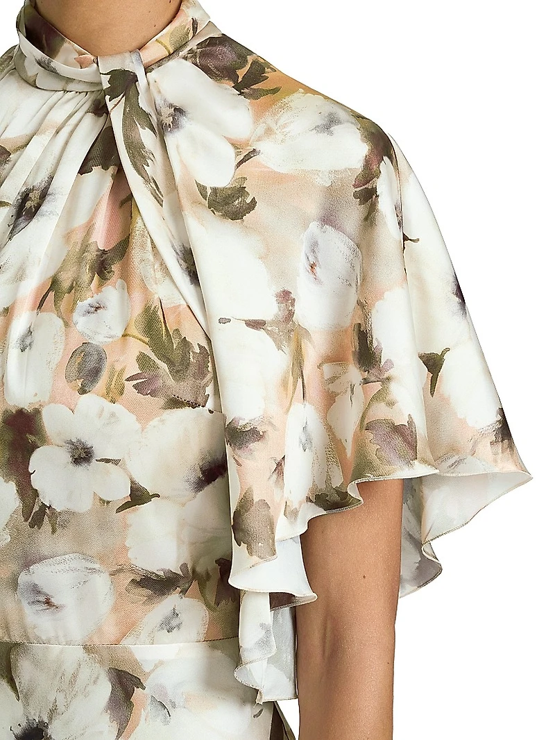 Floral Georgette Cape-Sleeve Midi-Dress