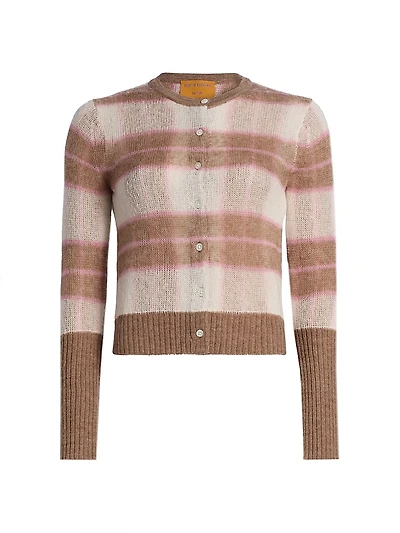Shadow-Plaid Wool-Blend Cardigan