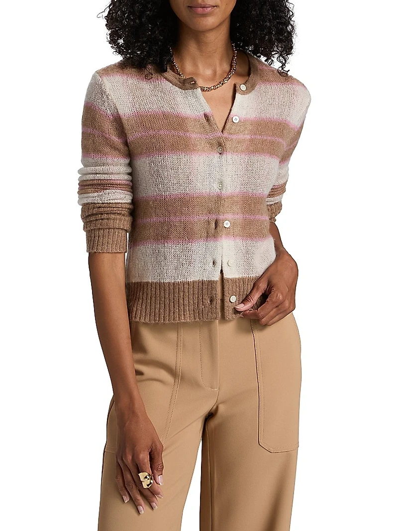 Shadow-Plaid Wool-Blend Cardigan