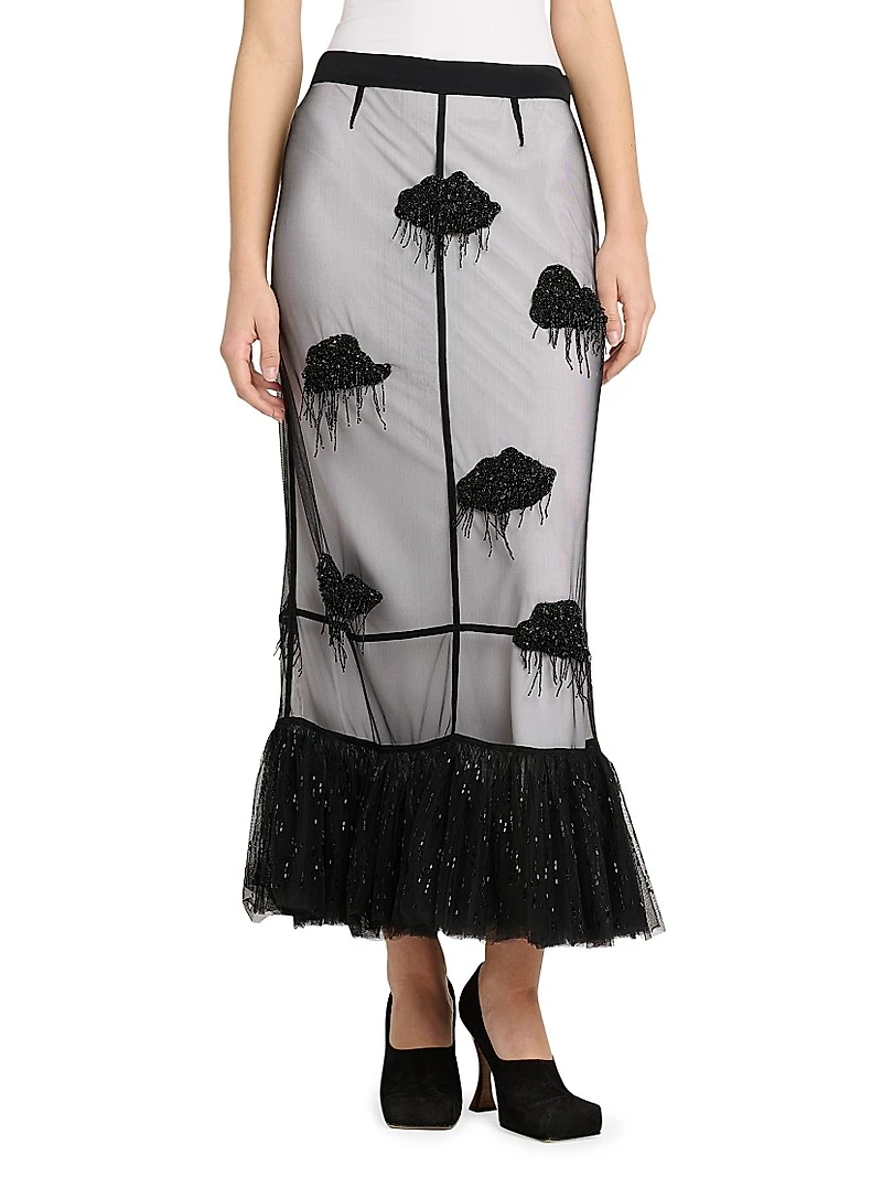 Appliqué Mesh Midi-Skirt