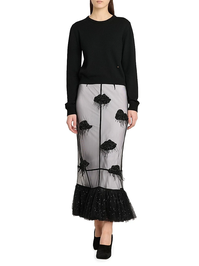 Appliqué Mesh Midi-Skirt