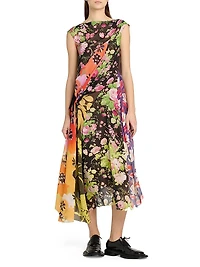Mixed Floral Silk Georgette Midi-Dress