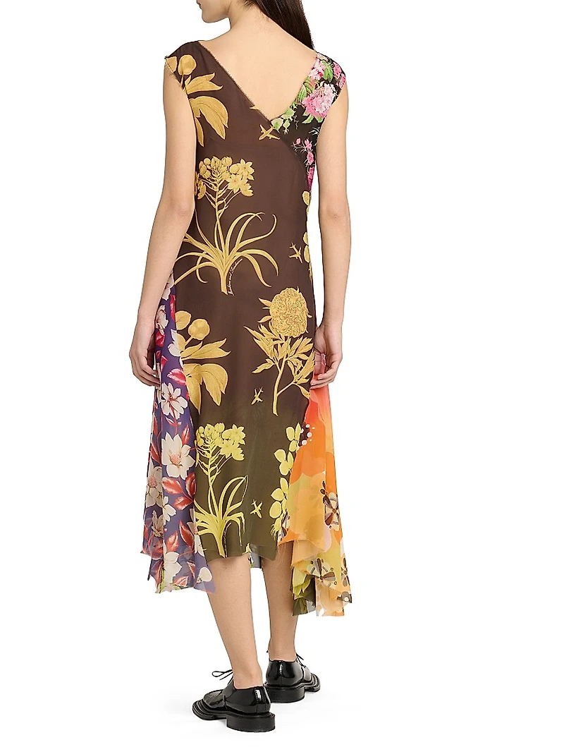 Mixed Floral Silk Georgette Midi-Dress